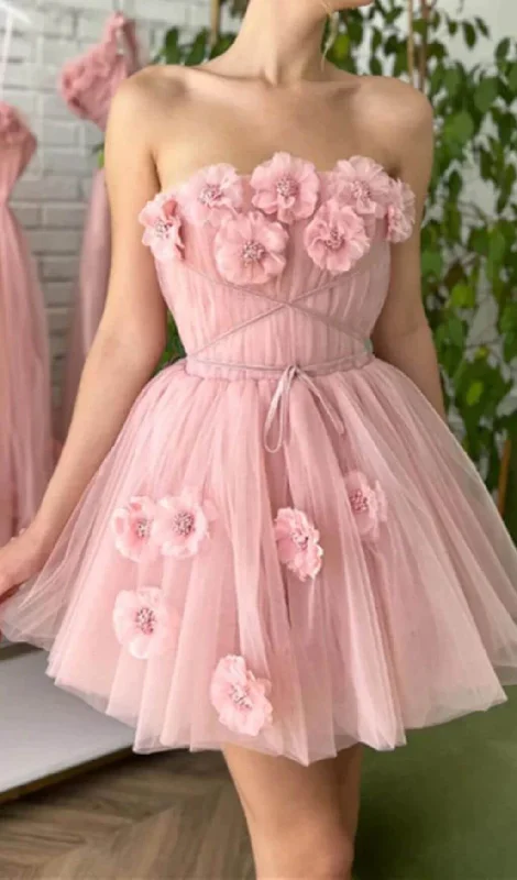 FLOWER-APPLIQUÉ STRAPLESS MINI DRESS IN PINK