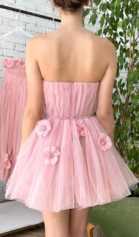 FLOWER-APPLIQUÉ STRAPLESS MINI DRESS IN PINK