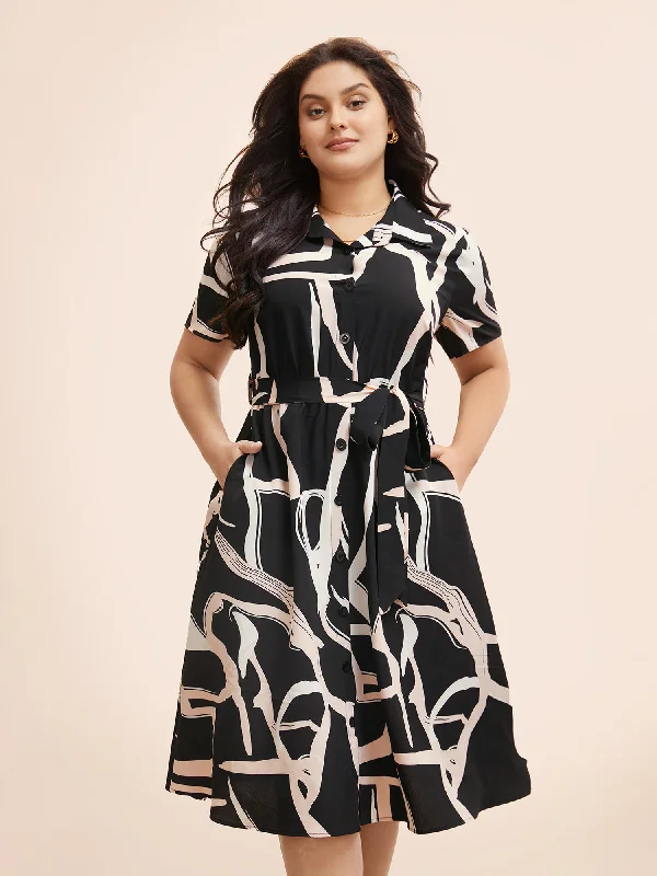 Geometric Shirt Collar Belted Midi Dress