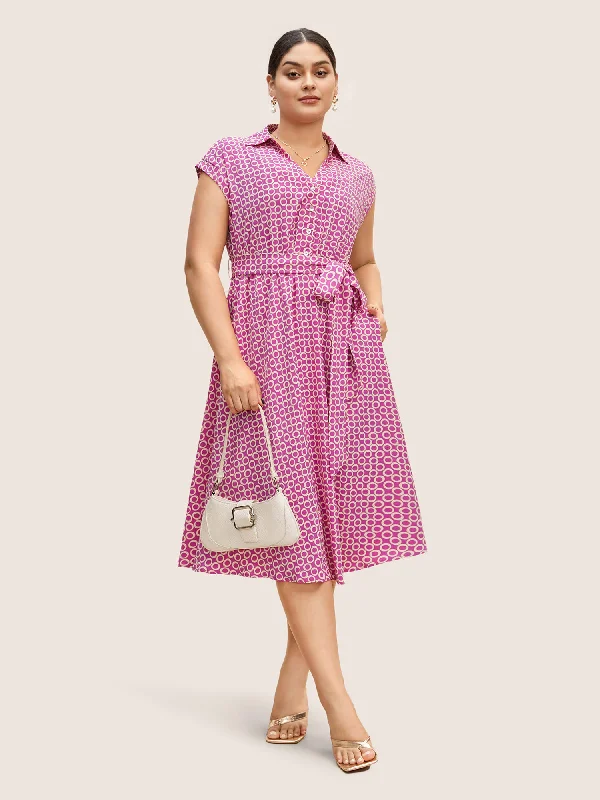 Geometric Shirt Collar Cap Sleeve Midi Dress