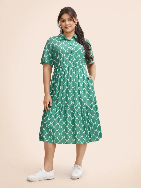 Geometric Tiered Elastic Waist Midi Shirt Dress