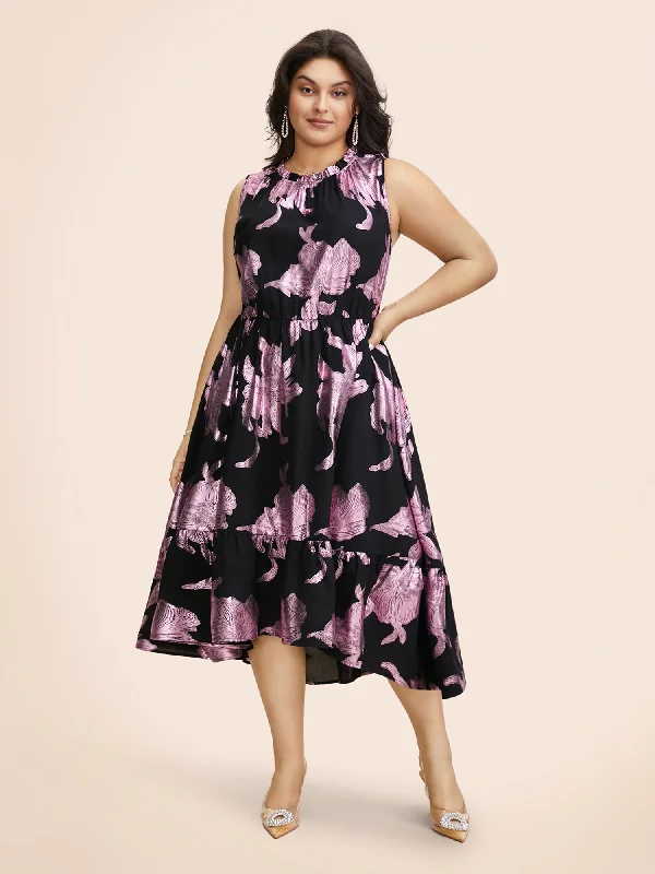 Glitter Floral Mock Neck Midi Dress