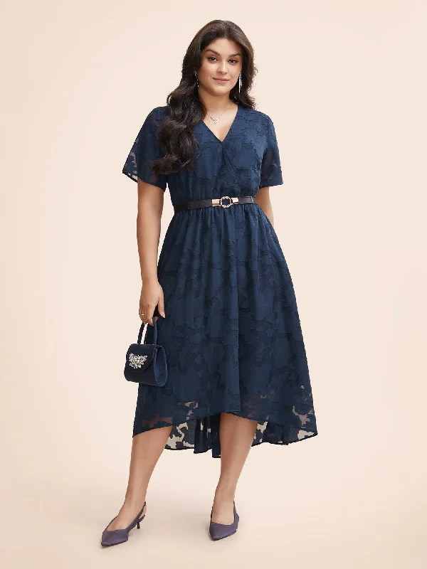 Jacquard Mesh Overlap Collar Midi Dress