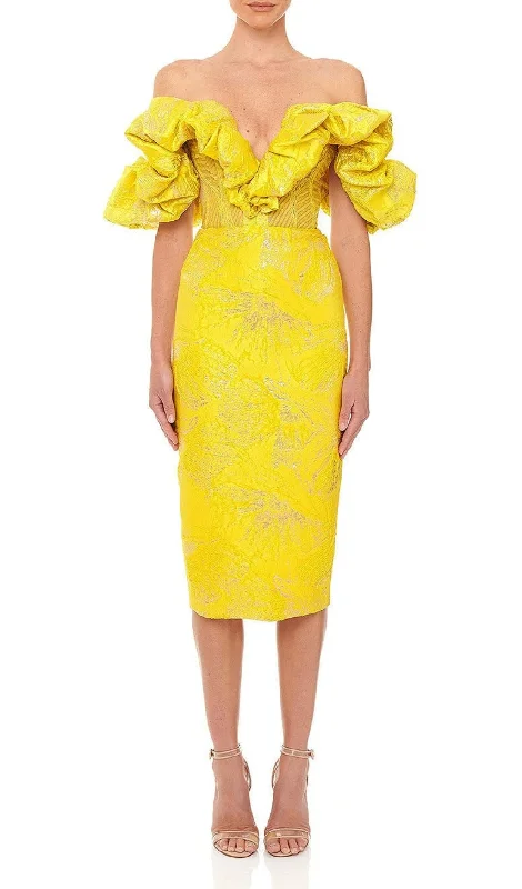 JACQUARD STRAPLESS LACE MIDI DRESS IN YELLOW