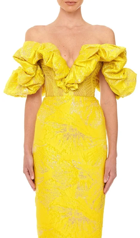 JACQUARD STRAPLESS LACE MIDI DRESS IN YELLOW