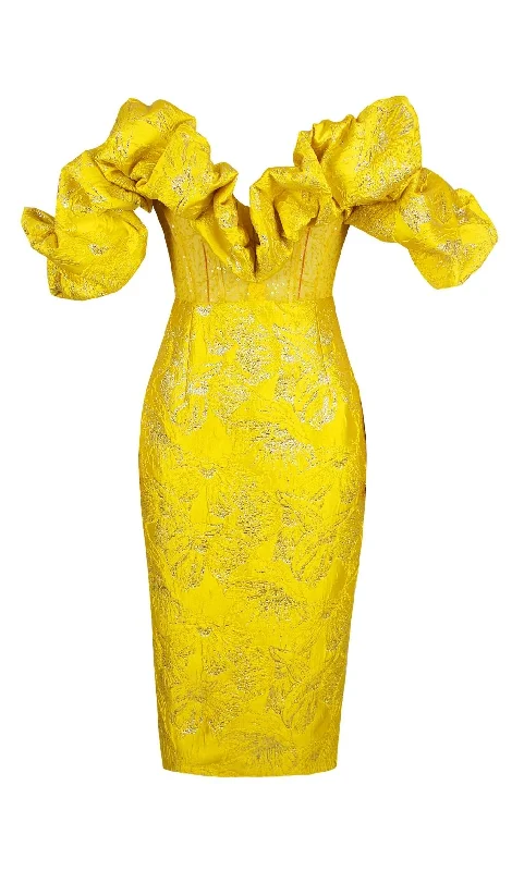 JACQUARD STRAPLESS LACE MIDI DRESS IN YELLOW