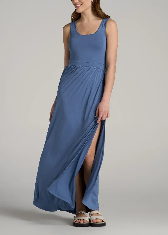 Jersey Tank Maxi Dress with Pockets for Tall Women in Steel Blue