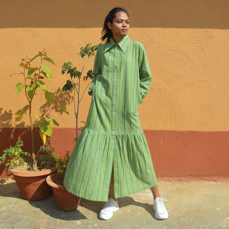 Handloom Cotton Maxi Dress | Checkered | Green