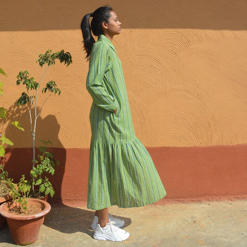 Handloom Cotton Maxi Dress | Checkered | Green