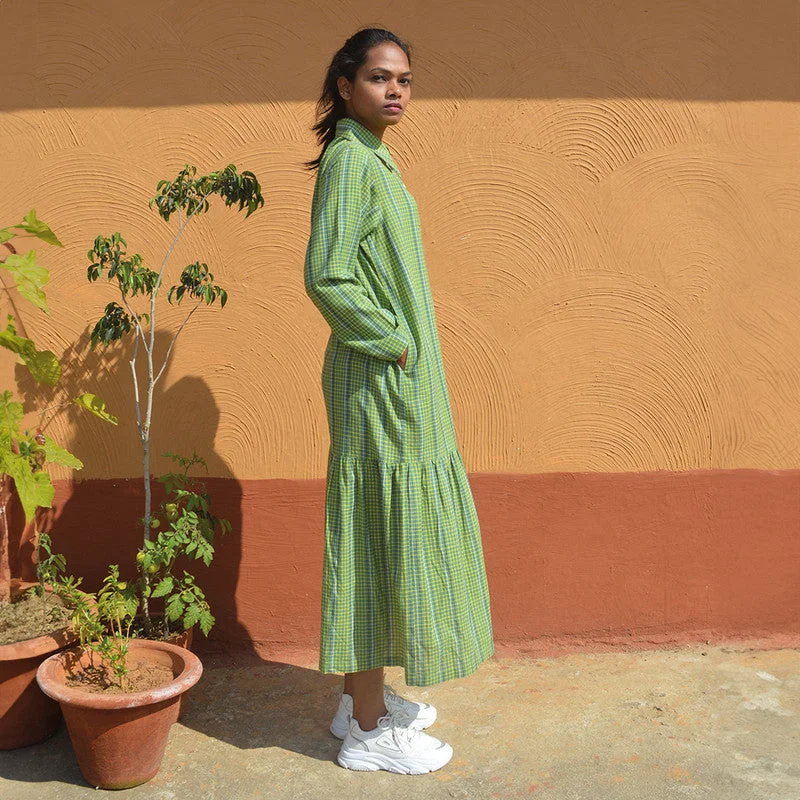 Handloom Cotton Maxi Dress | Checkered | Green