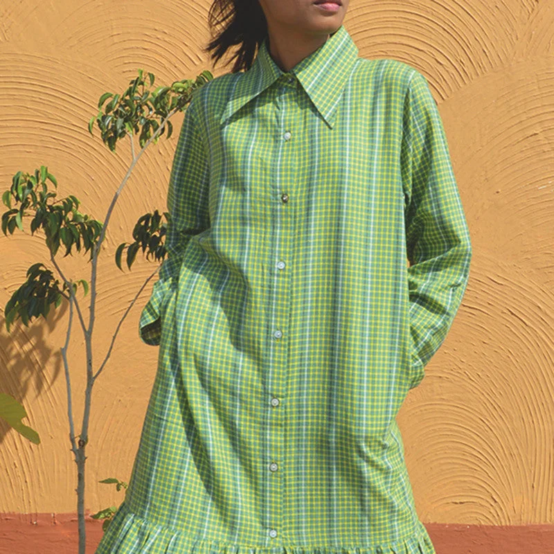 Handloom Cotton Maxi Dress | Checkered | Green