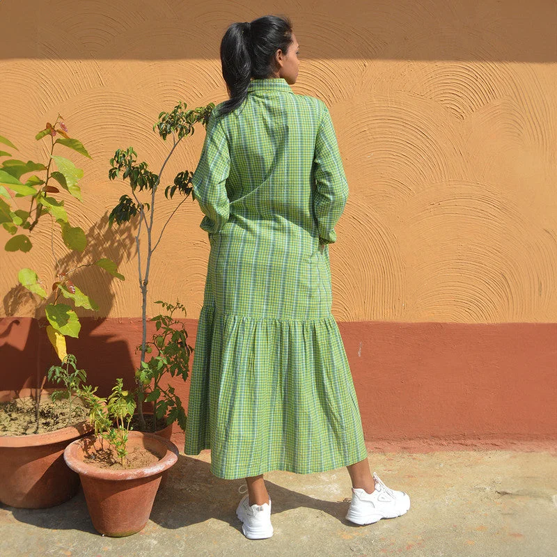 Handloom Cotton Maxi Dress | Checkered | Green