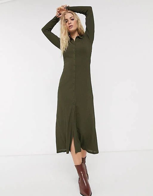 Khaki Ribbed Midi Cardigan Style Dress