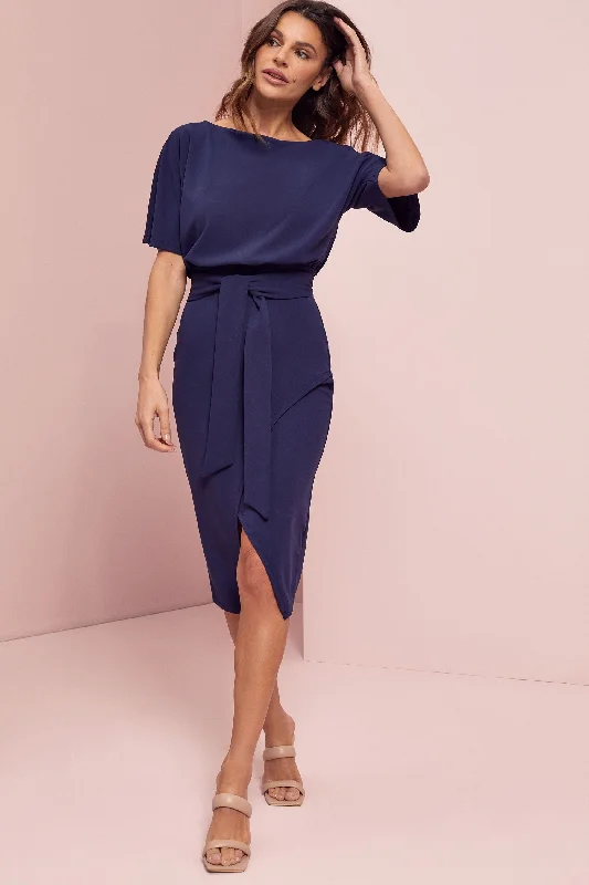 Kimono Sleeve Belted Midi Dress Navy