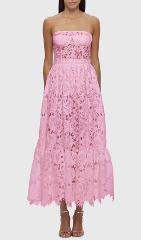 LACE BUSTIER MIDI DRESS IN PINK