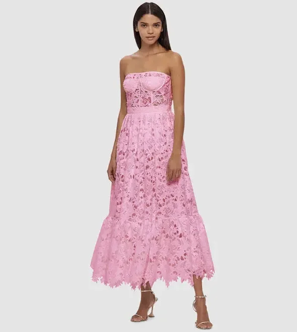 LACE BUSTIER MIDI DRESS IN PINK