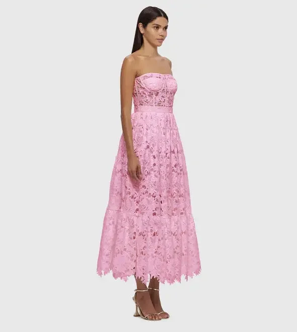 LACE BUSTIER MIDI DRESS IN PINK