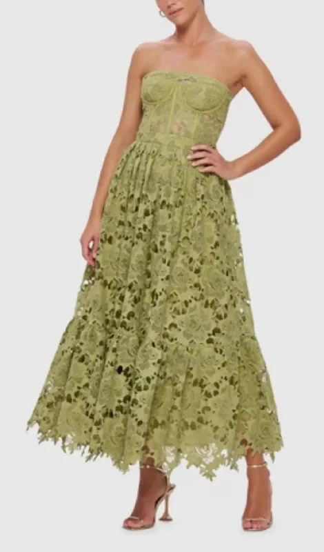 LACE BUSTIER MIDI DRESS IN GREEN