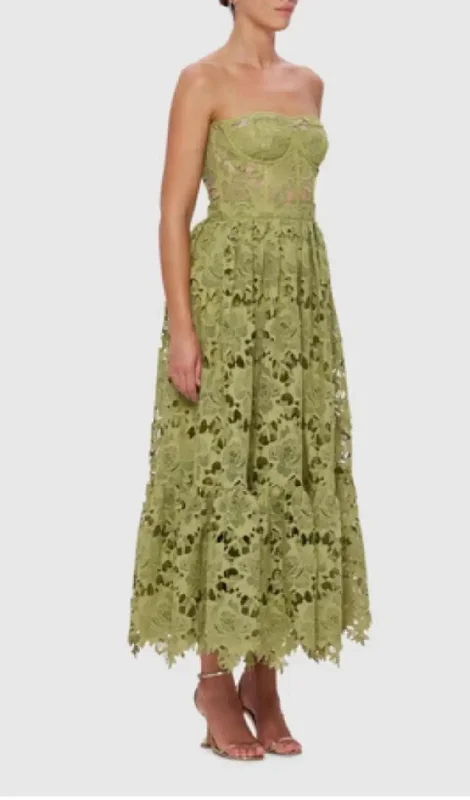 LACE BUSTIER MIDI DRESS IN GREEN