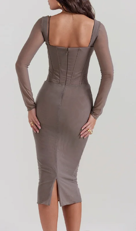 LACE CORSET MIDI DRESS IN MOCHA