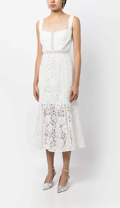 LACE DETAIL STRAPPY MIDI DRESS IN WHITE