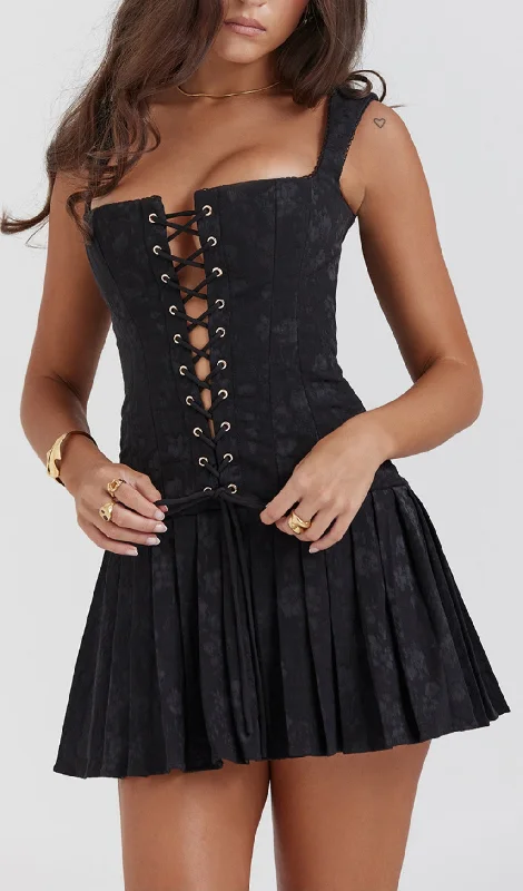 LACE-UP MINI DRESS IN BLACK