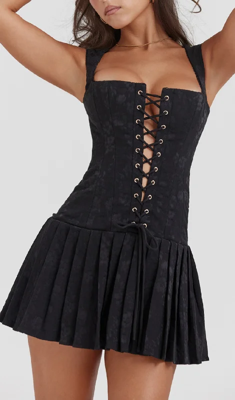 LACE-UP MINI DRESS IN BLACK