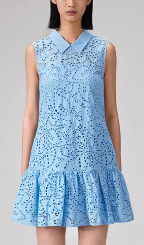 LAPEL SLEEVELESS CUTOUT RUFFLED MINI DRESS IN BLUE