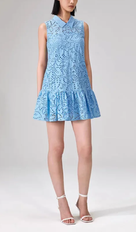 LAPEL SLEEVELESS CUTOUT RUFFLED MINI DRESS IN BLUE