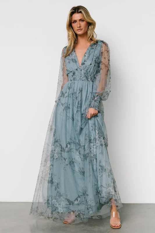 Layla Tulle Maxi Dress | Dusty Blue Floral