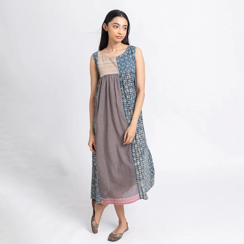 Mulmul Cotton Midi Dress | Dabu Print | Blue