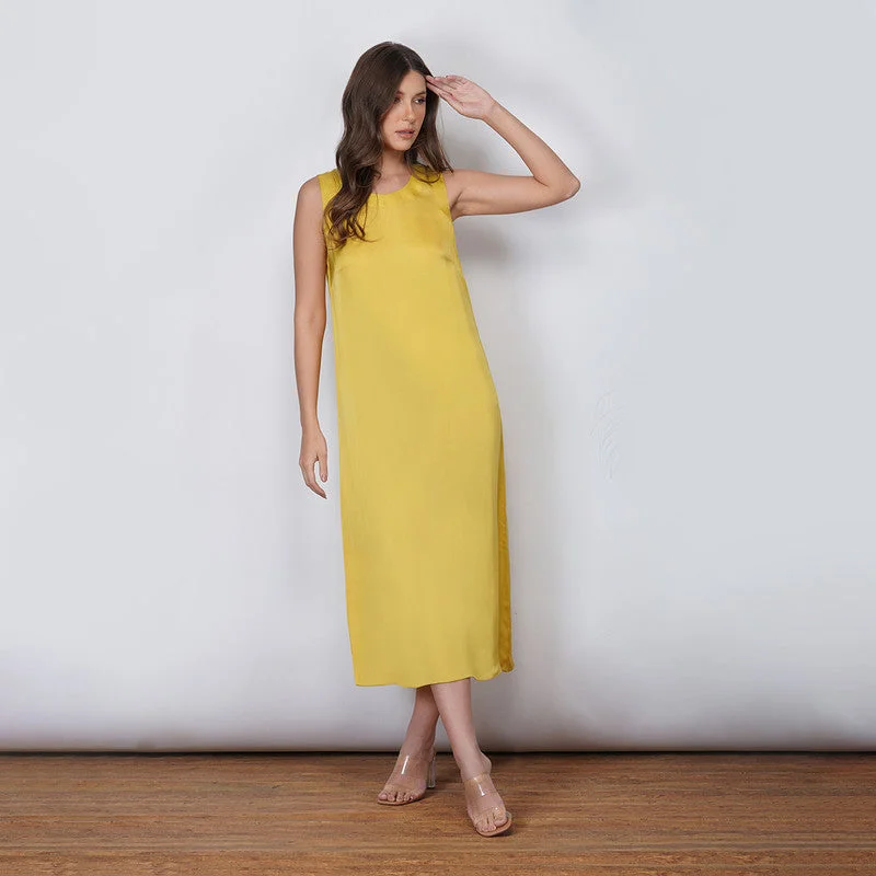 Vegan Silk Midi Dress | Sleeveless | Yellow