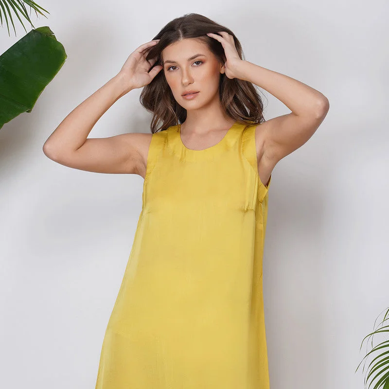 Vegan Silk Midi Dress | Sleeveless | Yellow