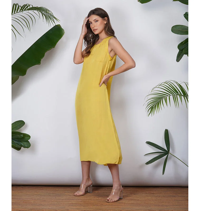 Vegan Silk Midi Dress | Sleeveless | Yellow