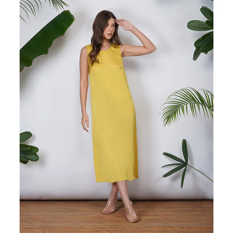 Vegan Silk Midi Dress | Sleeveless | Yellow