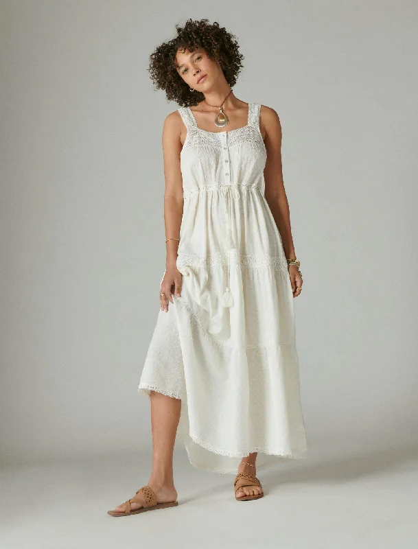 Lucky Brand Lace Tiered Knit Maxi Dress Gardenia