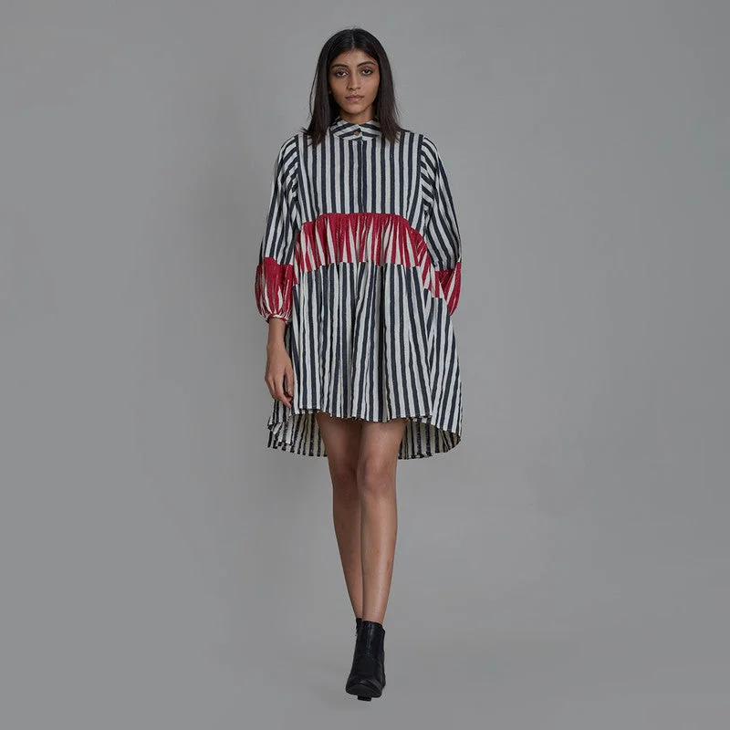 Pure Cotton Mini Dress | Striped | Black & Red