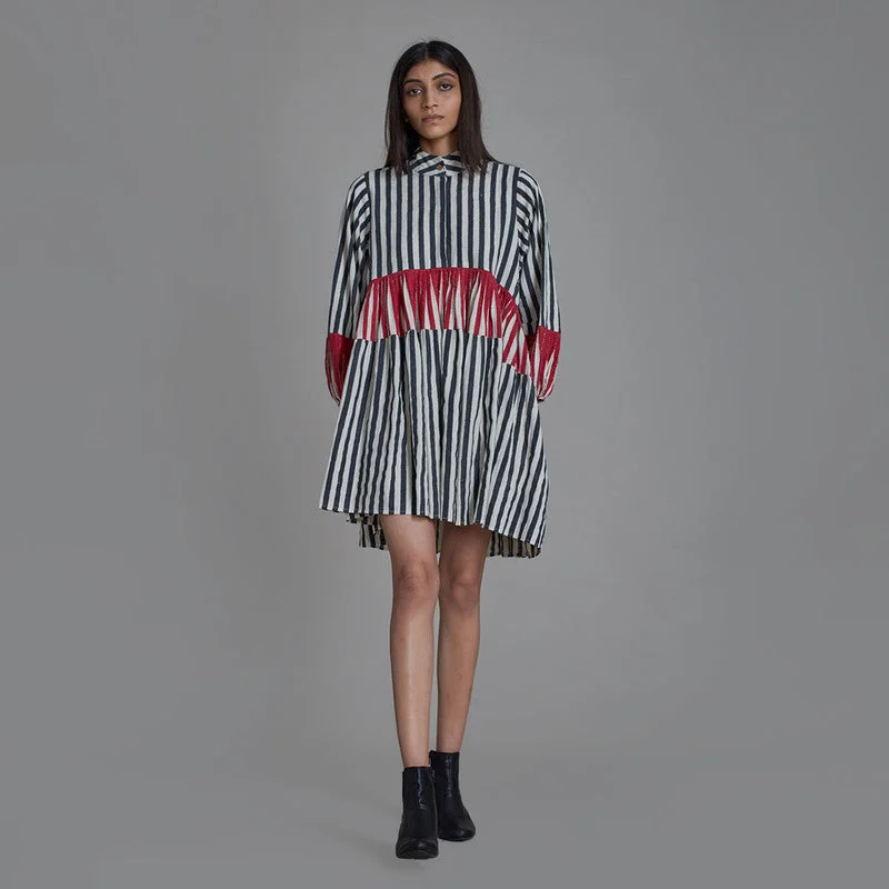 Pure Cotton Mini Dress | Striped | Black & Red