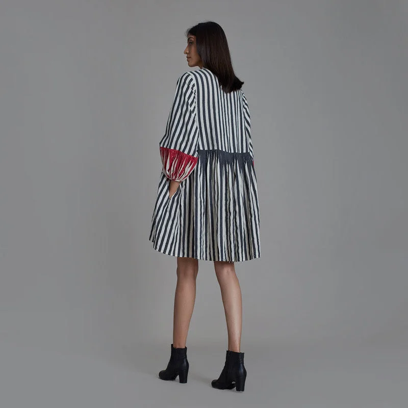 Pure Cotton Mini Dress | Striped | Black & Red