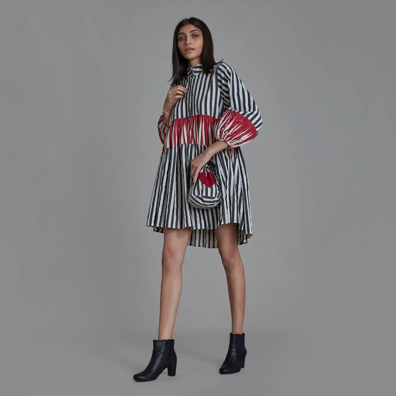 Pure Cotton Mini Dress | Striped | Black & Red