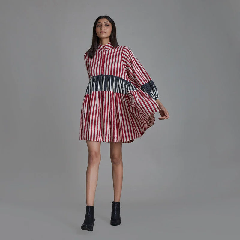 Pure Cotton Mini Dress | Striped | Red & Black