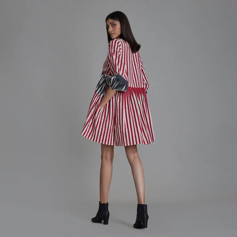 Pure Cotton Mini Dress | Striped | Red & Black