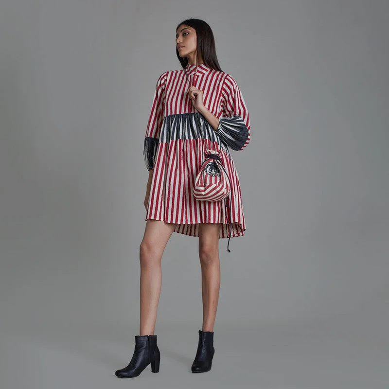 Pure Cotton Mini Dress | Striped | Red & Black