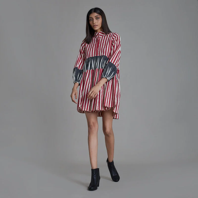 Pure Cotton Mini Dress | Striped | Red & Black