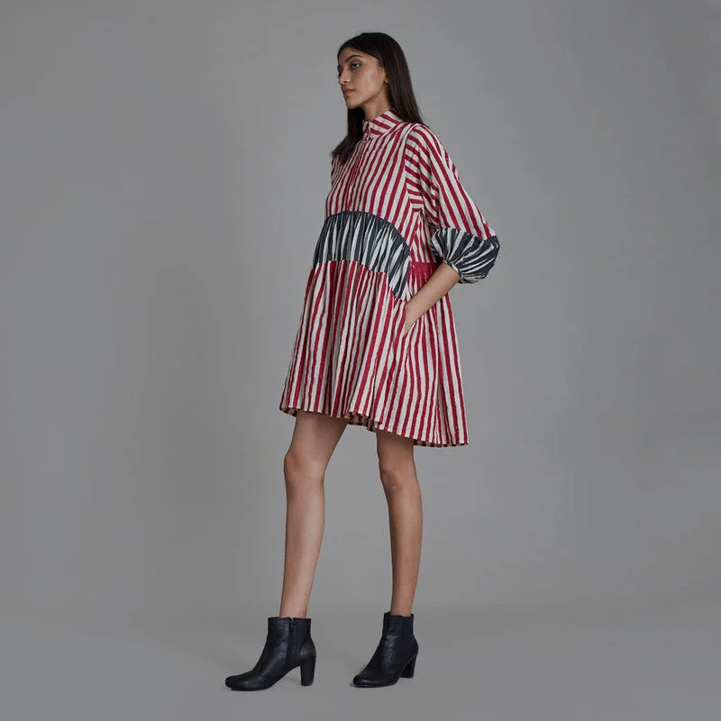 Pure Cotton Mini Dress | Striped | Red & Black