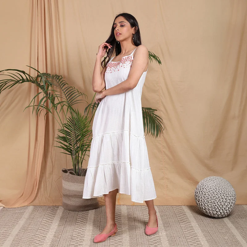 Cotton Embroidered Midi Dress | Strappy | White