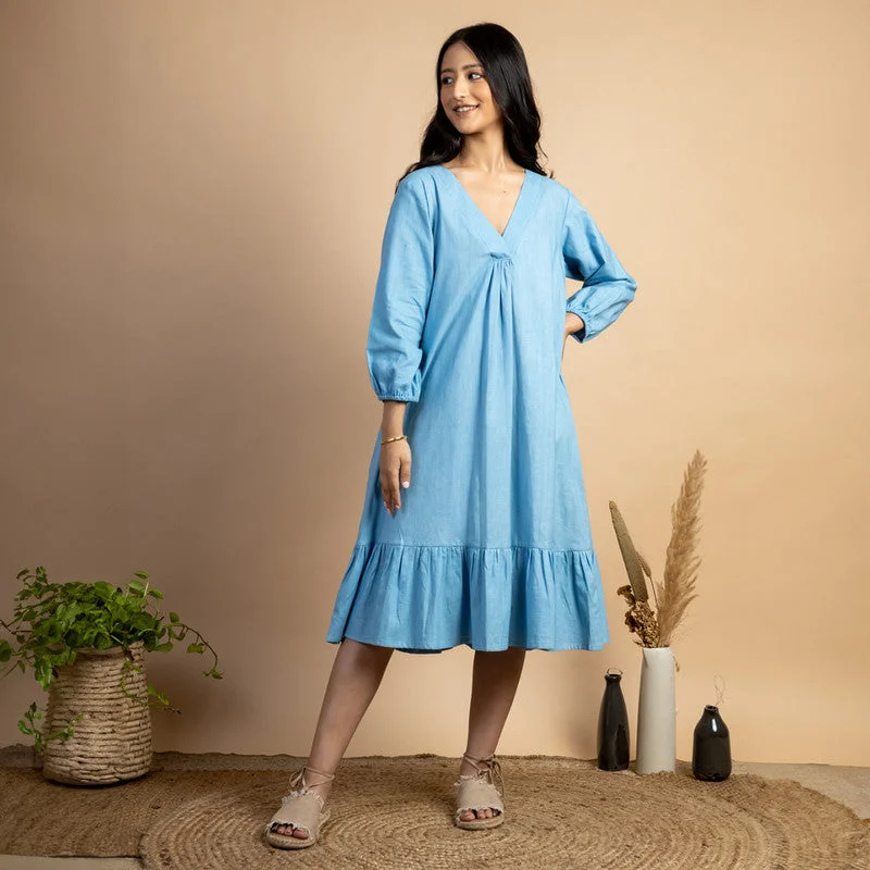 Cotton Midi Dress | Side Pockets | Blue