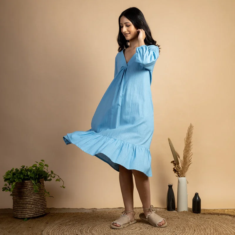 Cotton Midi Dress | Side Pockets | Blue