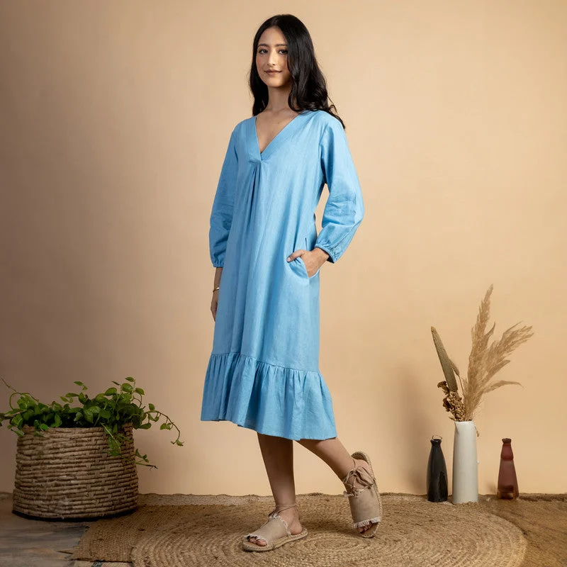 Cotton Midi Dress | Side Pockets | Blue