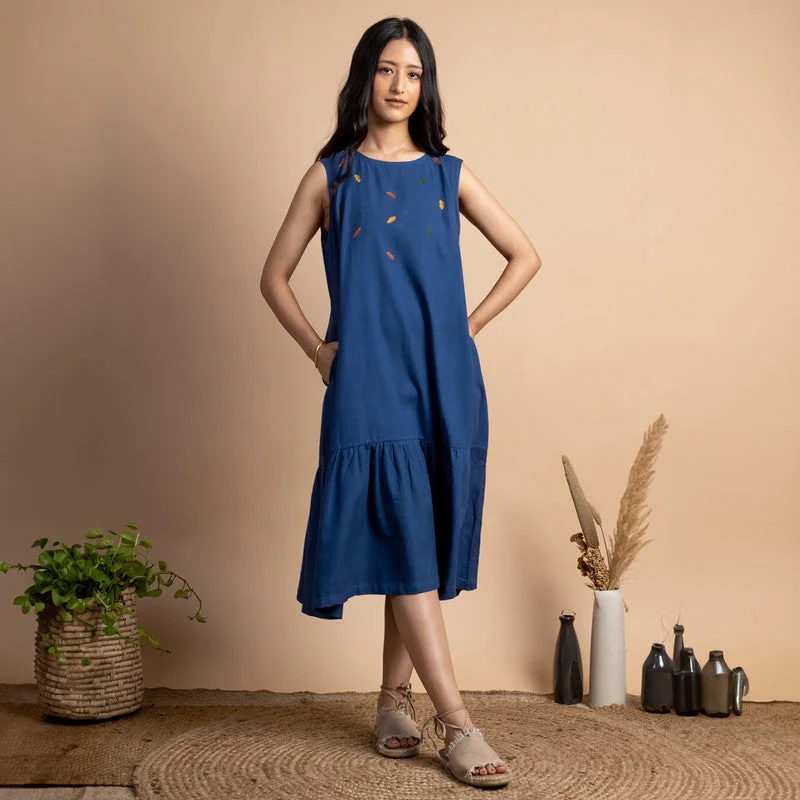 Handwoven Cotton Midi Dress | Embroidered | Navy